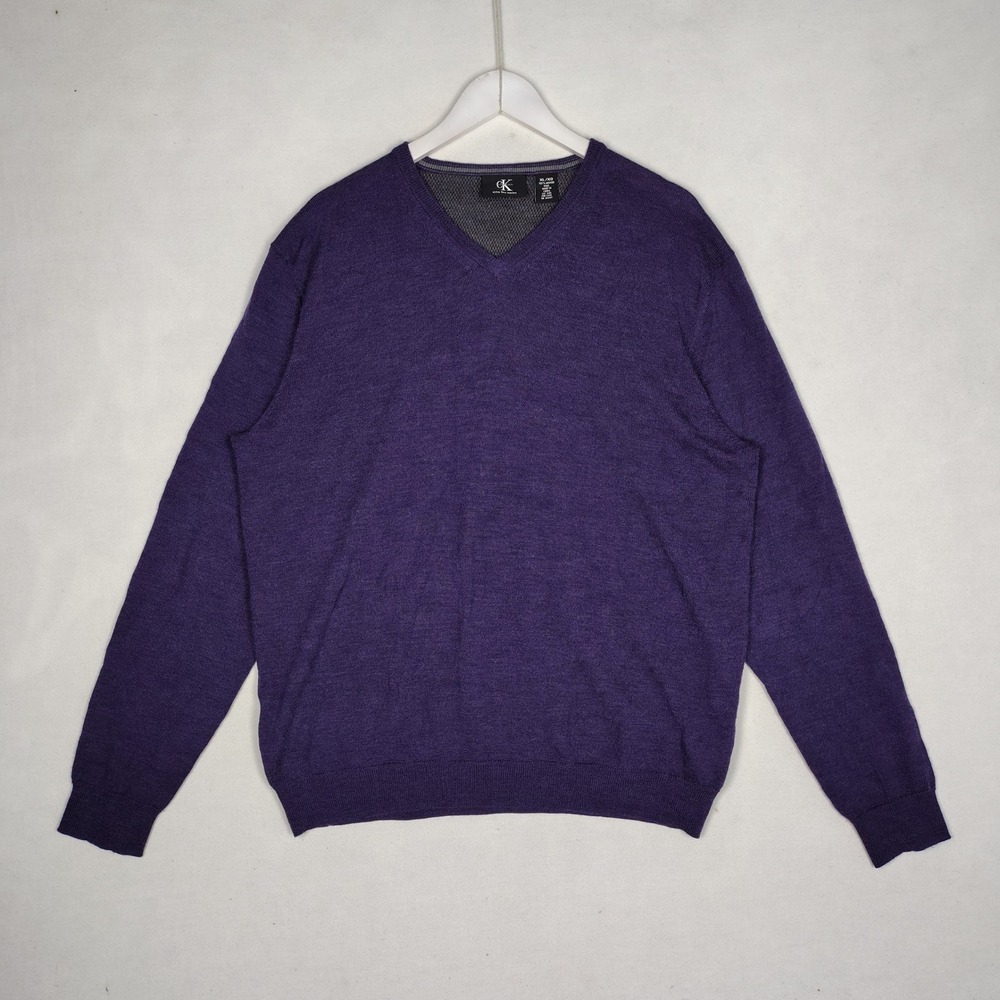 Calvin Klein Mens XL Purple Extra Fine Merino Wool V-Neck Sweater RN 36543